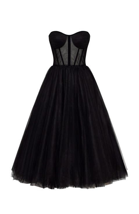 Black Strapless Puffy Midi Tulle Dress