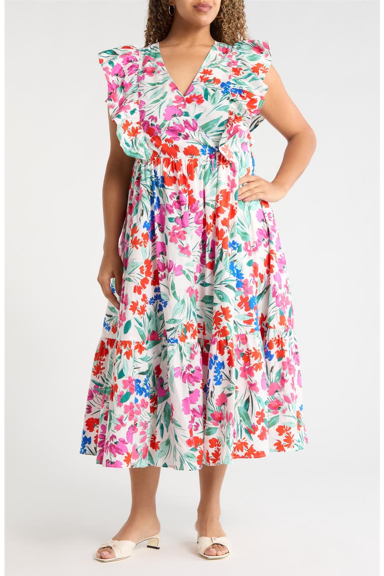 Kivia Smocked Floral Cotton Midi Dress, Main, color, WHT-RED-BLUE