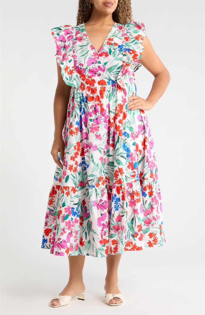 SUGARLIPS Kivia Smocked Floral Cotton Midi Dress, Main, color, Wht-Red-Blue