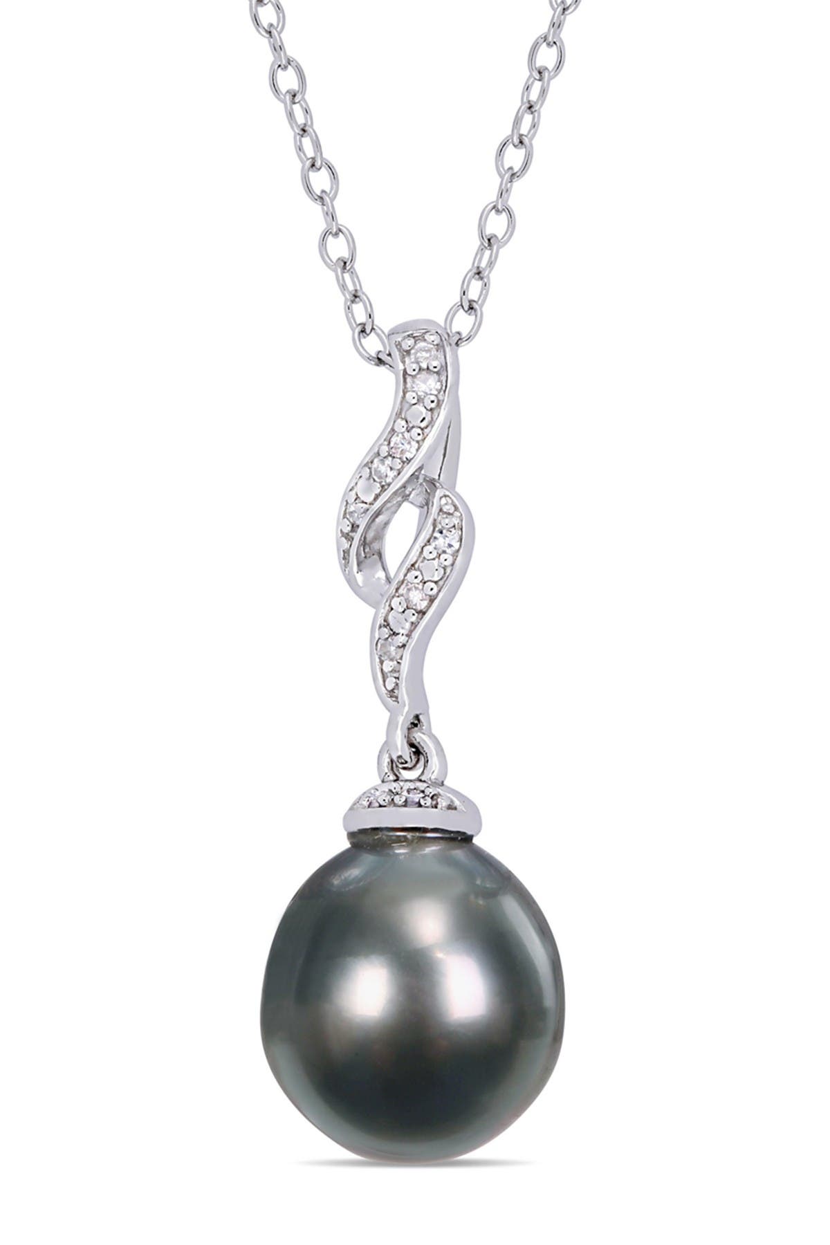 DELMAR Sterling Silver Diamond & 9.5-10mm Cultured Black Tahitian Pearl Twist Pearl Necklace - 0.04ctw