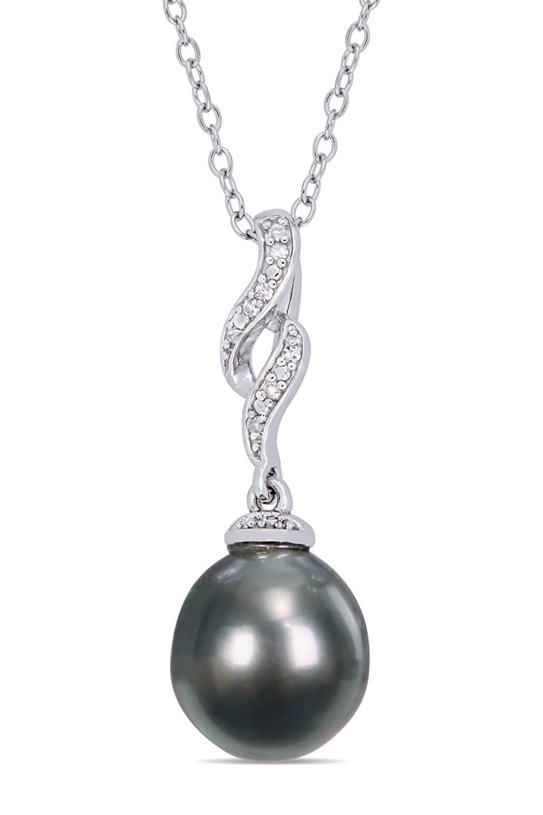 Sterling Silver Diamond & 9.5-10mm Cultured Black Tahitian Pearl Twist Pearl Necklace - 0.04ctw, Main, color, BLACK