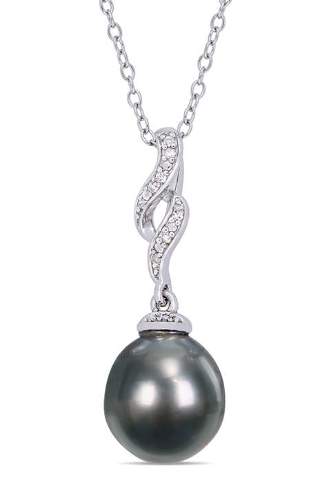 Sterling Silver Diamond & 9.5-10mm Cultured Black Tahitian Pearl Twist Pearl Necklace - 0.04ctw