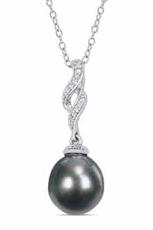 DELMAR Sterling Silver Diamond & 9.5-10mm Cultured Black Tahitian Pearl Twist Pearl Necklace - 0.04ctw