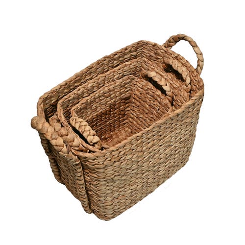 Happimess Clara Farmhouse Classic Handwoven Hyacinth Rectangle Storage Floor Baskets With Handles, In Natural