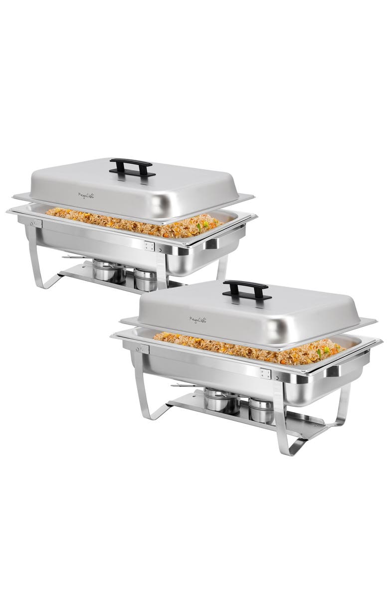 Megachef 9.5 Quart Foldable Stainless Steel Professional Chafing Dish/Food Warmer/Buffet Server Serving Trays, Set of 2, Main, color, Silver
