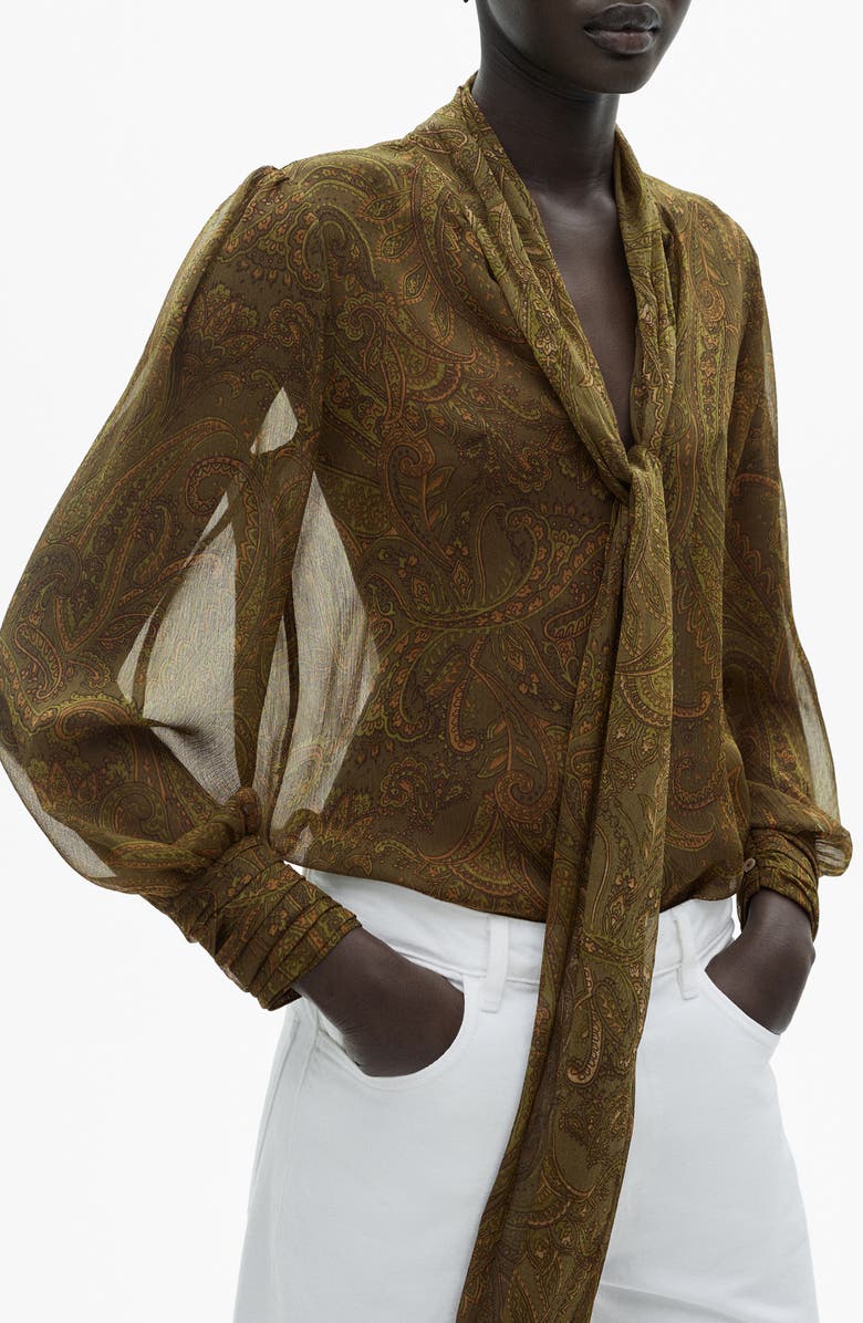 MANGO Print Tie Neck Shirt, Alternate, color, 