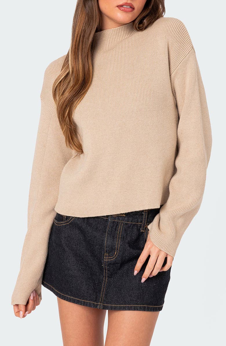 EDIKTED Kimberly Rib Funnel Neck Sweater, Main, color, Beige