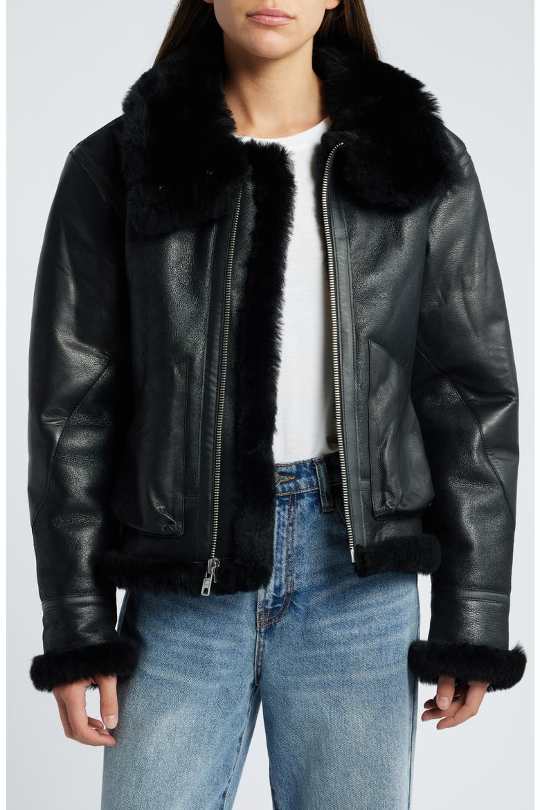 B-3 Genuine Shearling Lined Leather Bomber Jacket, Alternate, color, EBONY