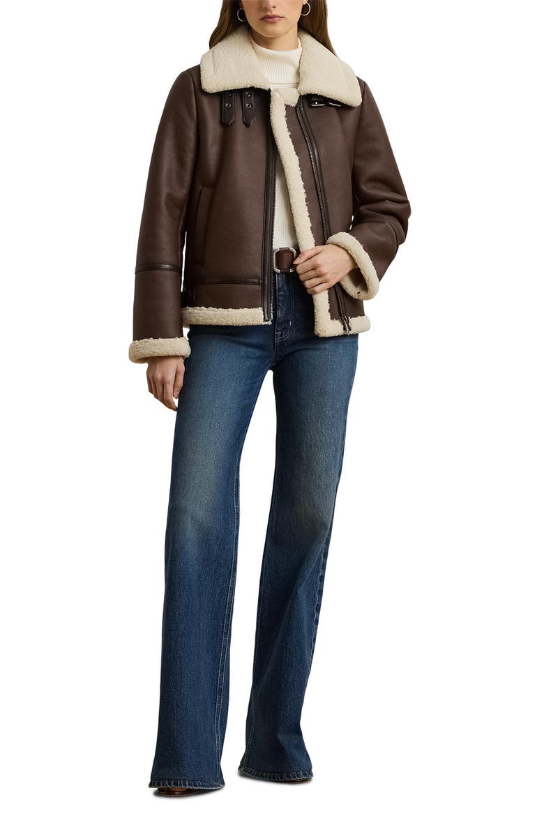 Faux Leather Jacket with Faux Shearling Trim, Alternate, color, DK CUOIO
