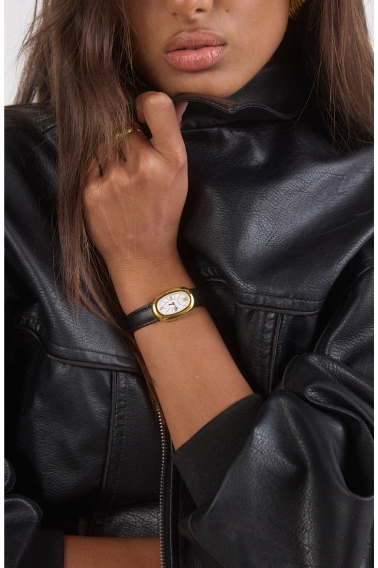 Bridgette Leather Strap Watch, 21 x 30mm, Alternate, color, WHITE / BLACK SMOOTH