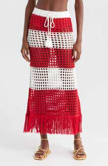 FARM Rio Red Stripes Crochet Cotton Cover-Up Maxi Skirt