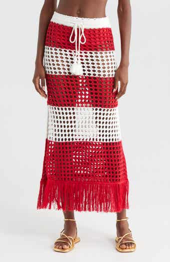 FARM Rio Red Stripes Crochet Cotton Cover-Up Maxi Skirt