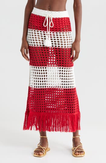 Farm Rio Red Stripes Crochet Cotton Cover-up Maxi Skirt