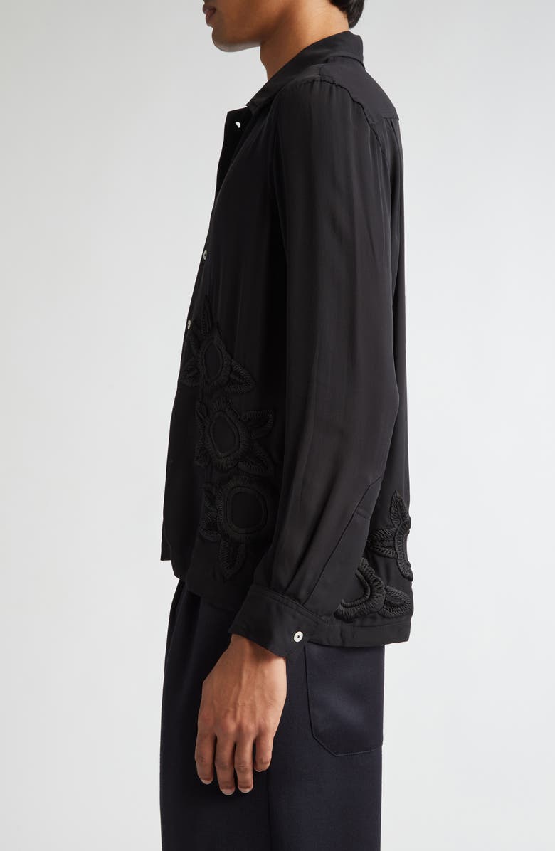 Bode Midnight Daffodil Long Sleeve Silk Button-Up Shirt, Alternate, color, Black