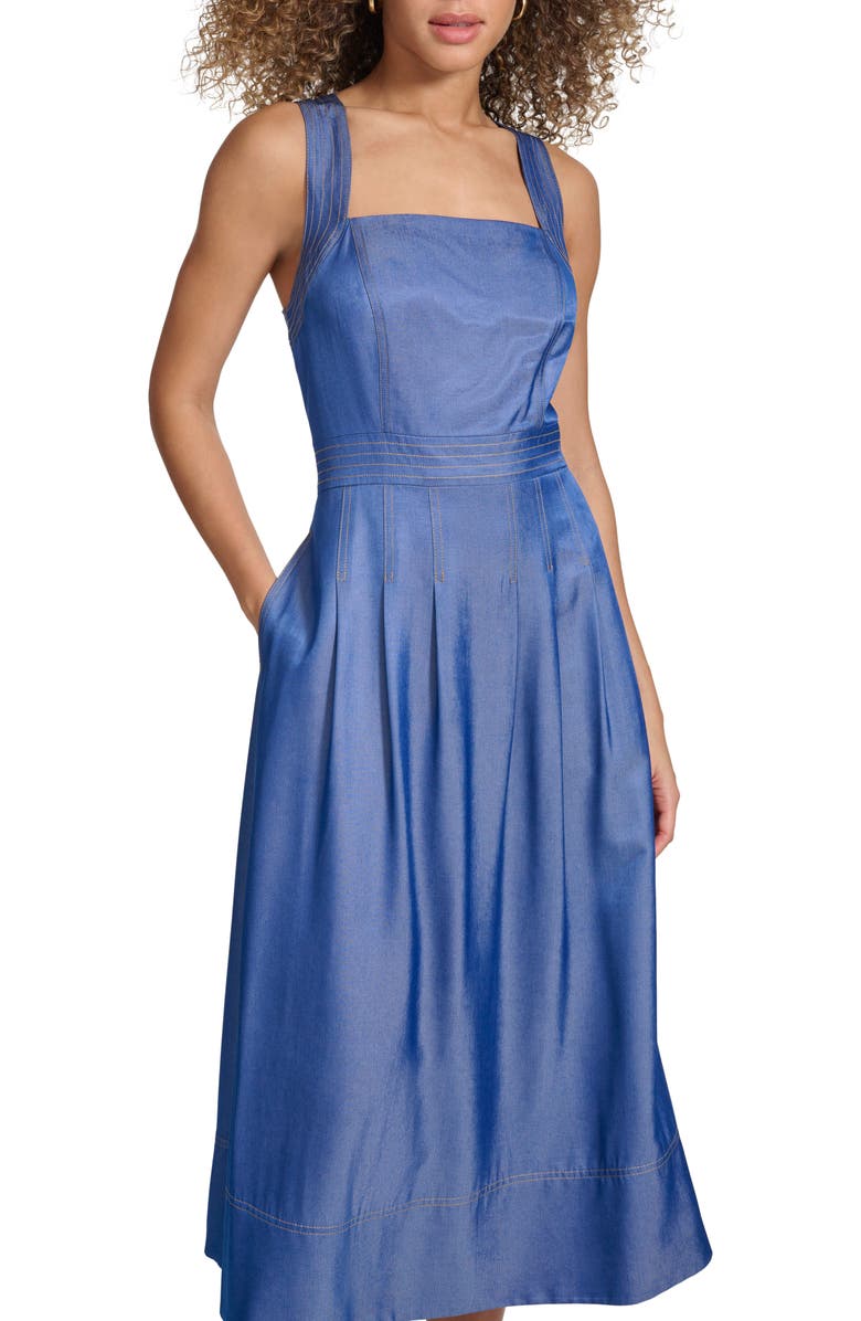 Kensie Embroidered Denim Midi Dress, Alternate, color, 