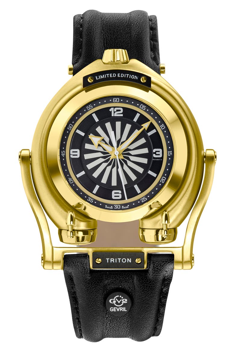 Triton Swiss Automatic Leather Strap Watch, 49mm, Main, color, BLACK
