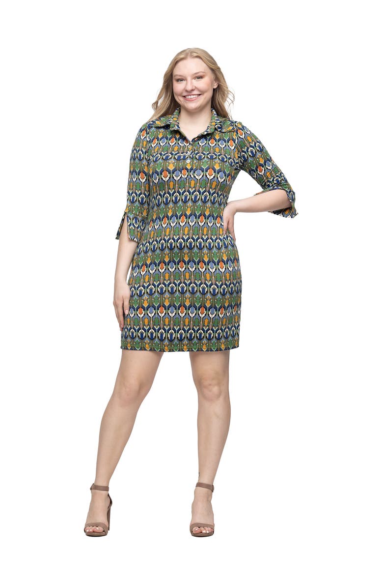 Geometric Print Three Quarter Sleeve Mini Dress, Main, color, Green Multi