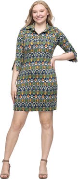 24seven Comfort Apparel Geometric Print Three Quarter Sleeve Mini Dress