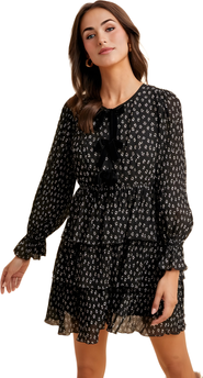 Knit and Lounge Velvet Bow Detail Tiered Mini Dress