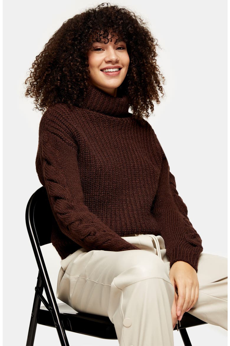 Cable Knit Sleeve Turtleneck Sweater, Alternate, color, DARK BROWN