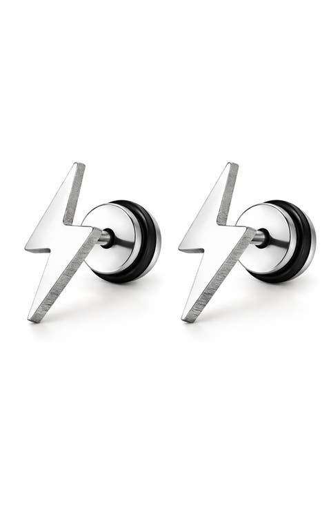 Stainless Steel Lightning Bolt Screwback Stud Earrings