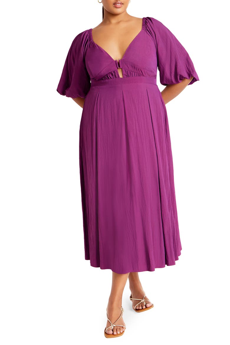Shae Keyhole Detail Balloon Sleeve Midi Dress, Main, color, MAGENTA