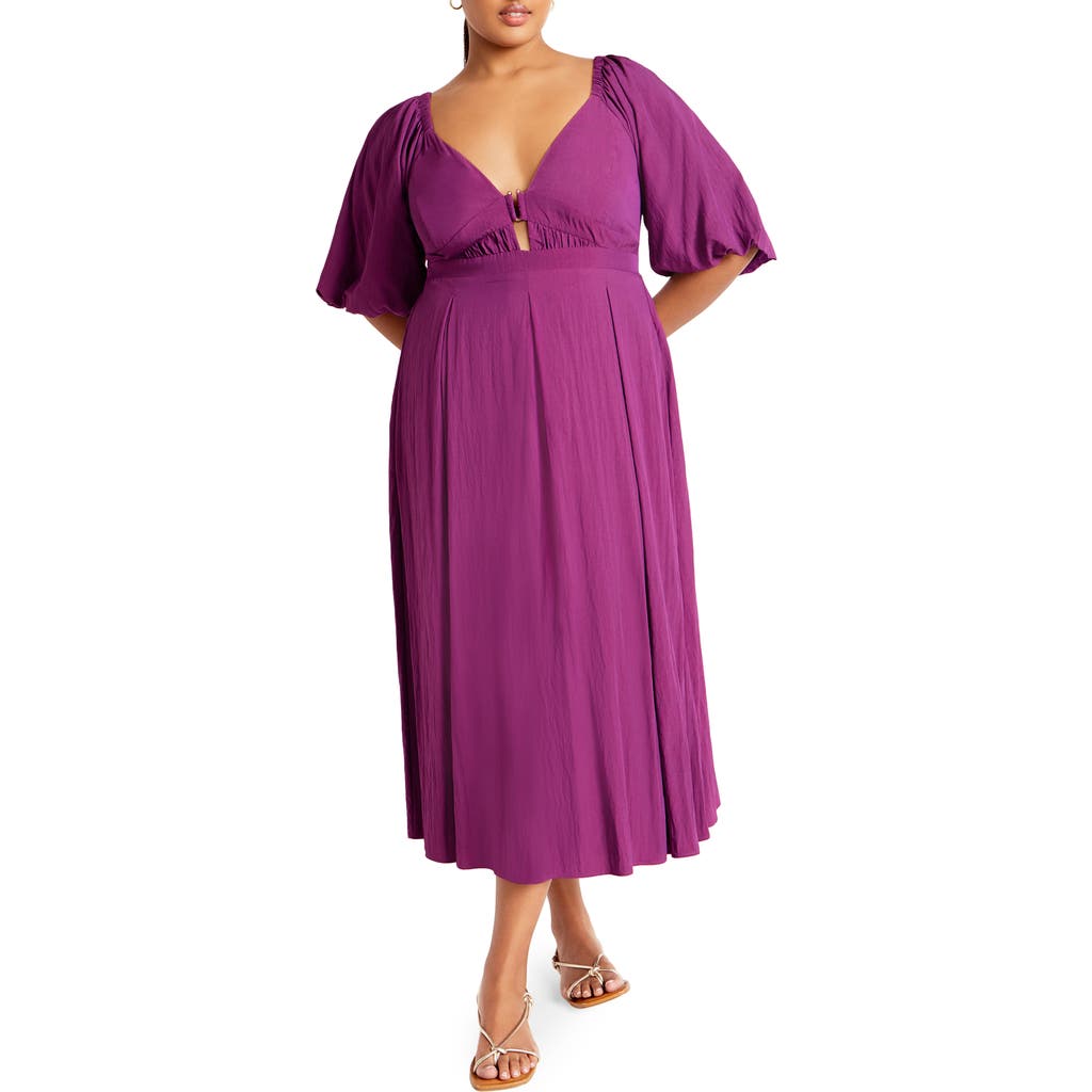 City Chic Shae Keyhole Detail Balloon Sleeve Midi Dress In Purple