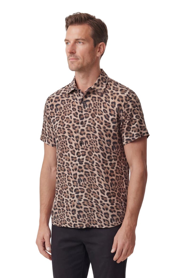 Leopard Mens Linen Button-up Shirt, Alternate, color, LEOPARD BROWN