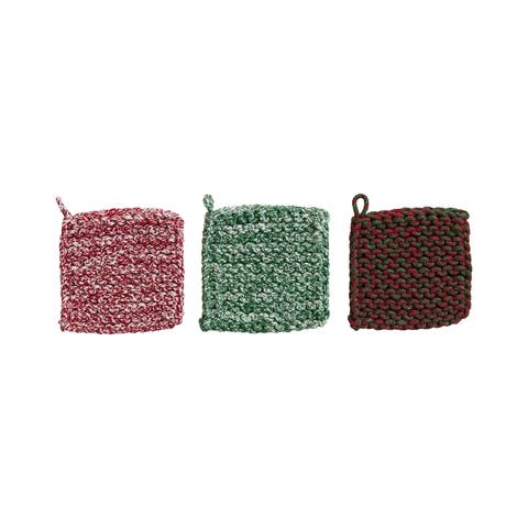 Melange Cotton Crocheted Pot Holder Set, Multicolor, Set of 3