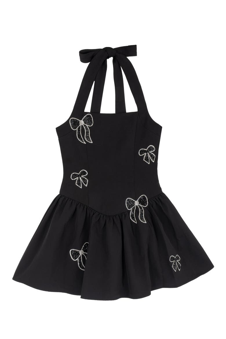 Kids' Bow Detail Scuba Halter Skater Dress, Main, color, BLACK