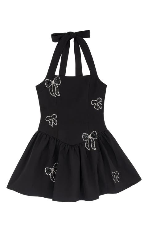 Kids' Bow Detail Scuba Halter Skater Dress