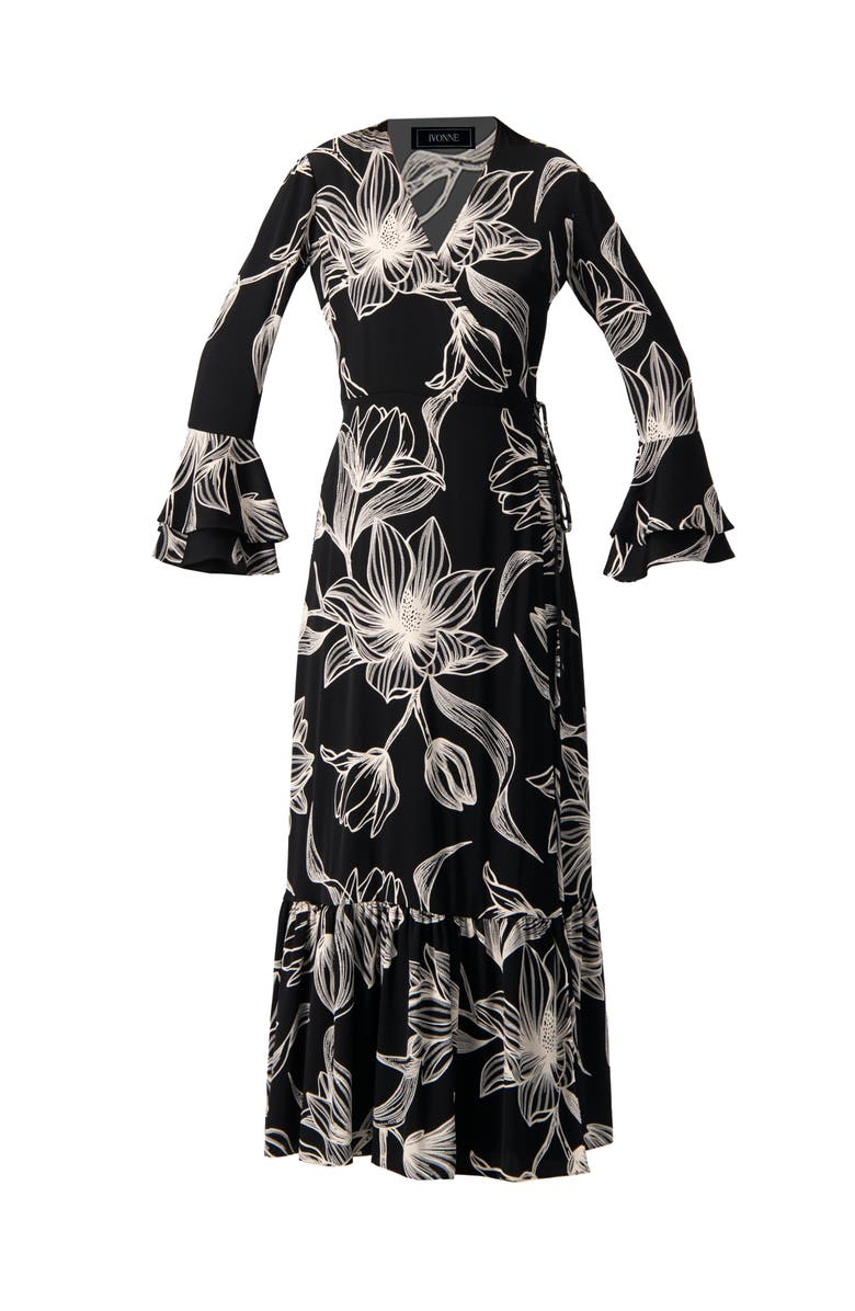 IVONNE Long Black Dress with White Floral Print, Alternate, color, 