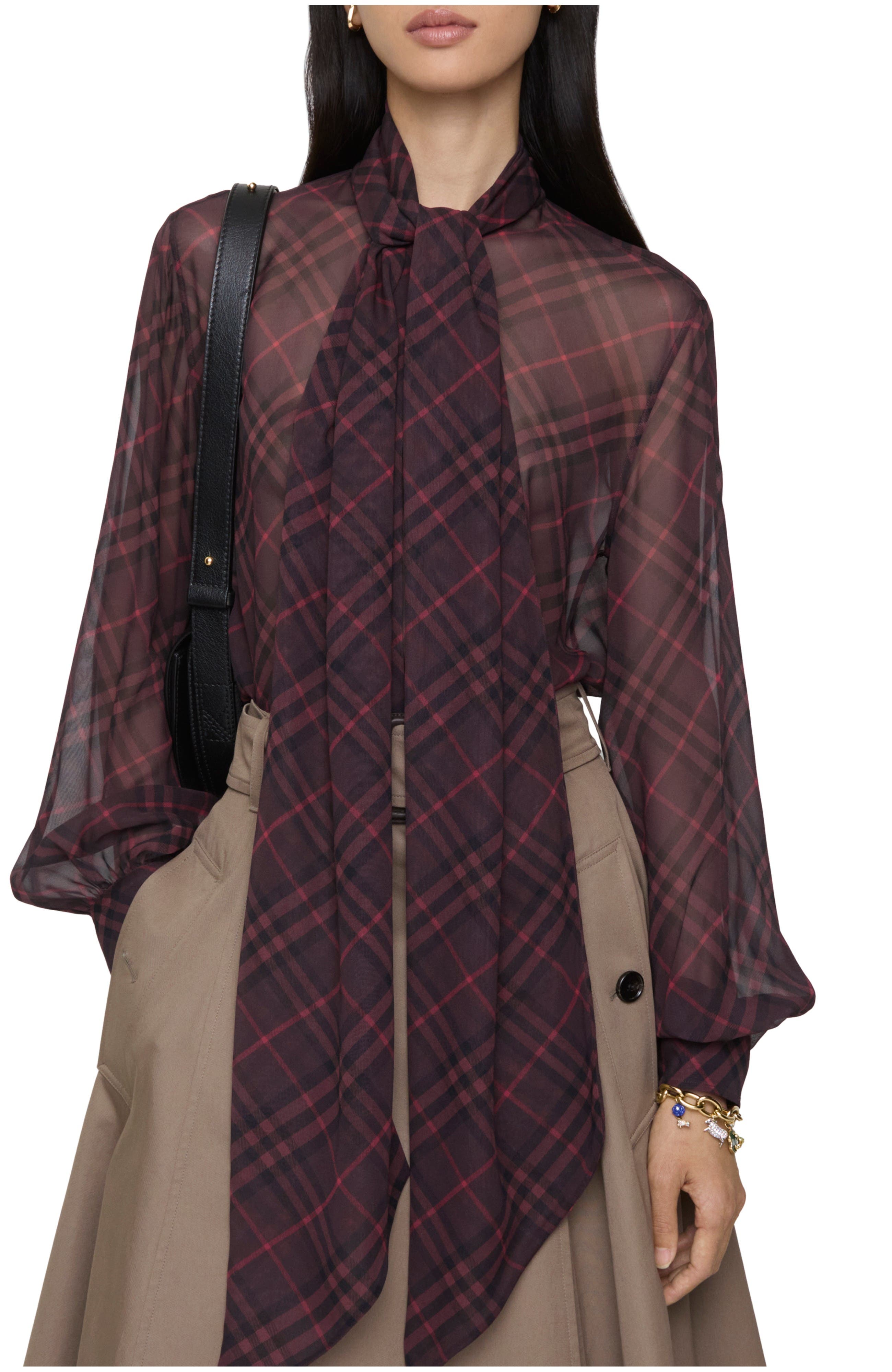 Check Silk Scarf Blouse