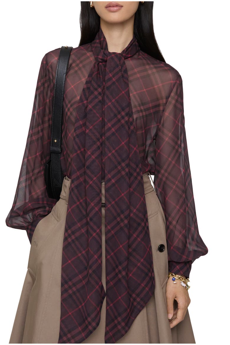 Check Silk Scarf Blouse, Main, color, Wine red