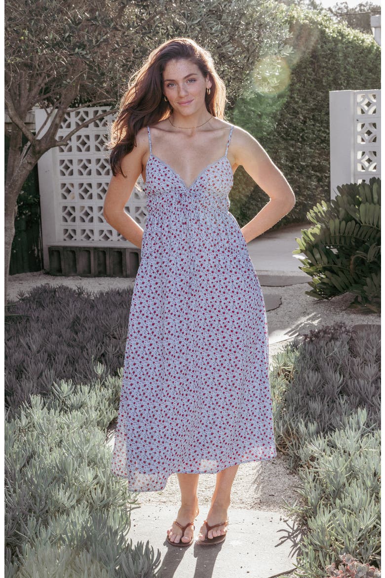 Freesia Ditsy Floral Deep V-Neck Midi Dress, Alternate, color, BLUE RED FLORAL