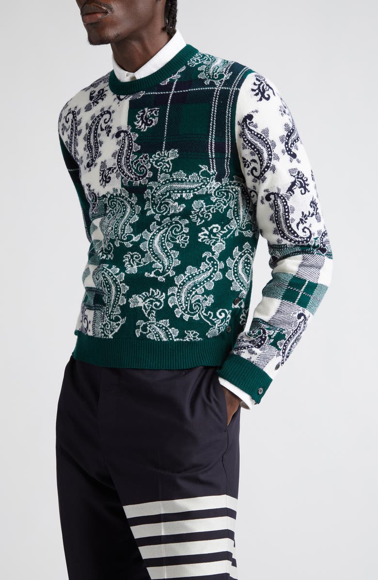 Thom Browne Fun-Mix Tartan Check & Paisley Virgin Wool Sweater, Alternate, color,