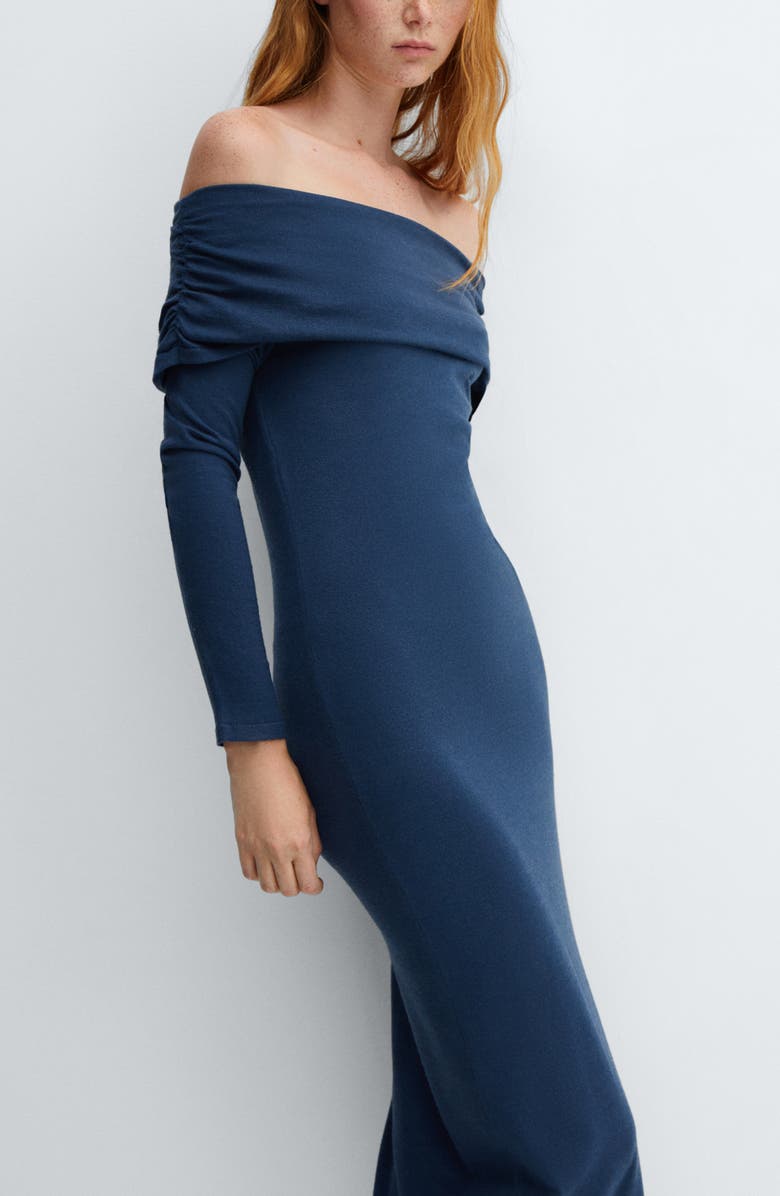 MANGO Off the Shoulder Long Sleeve Maxi Dress, Alternate, color, Blue