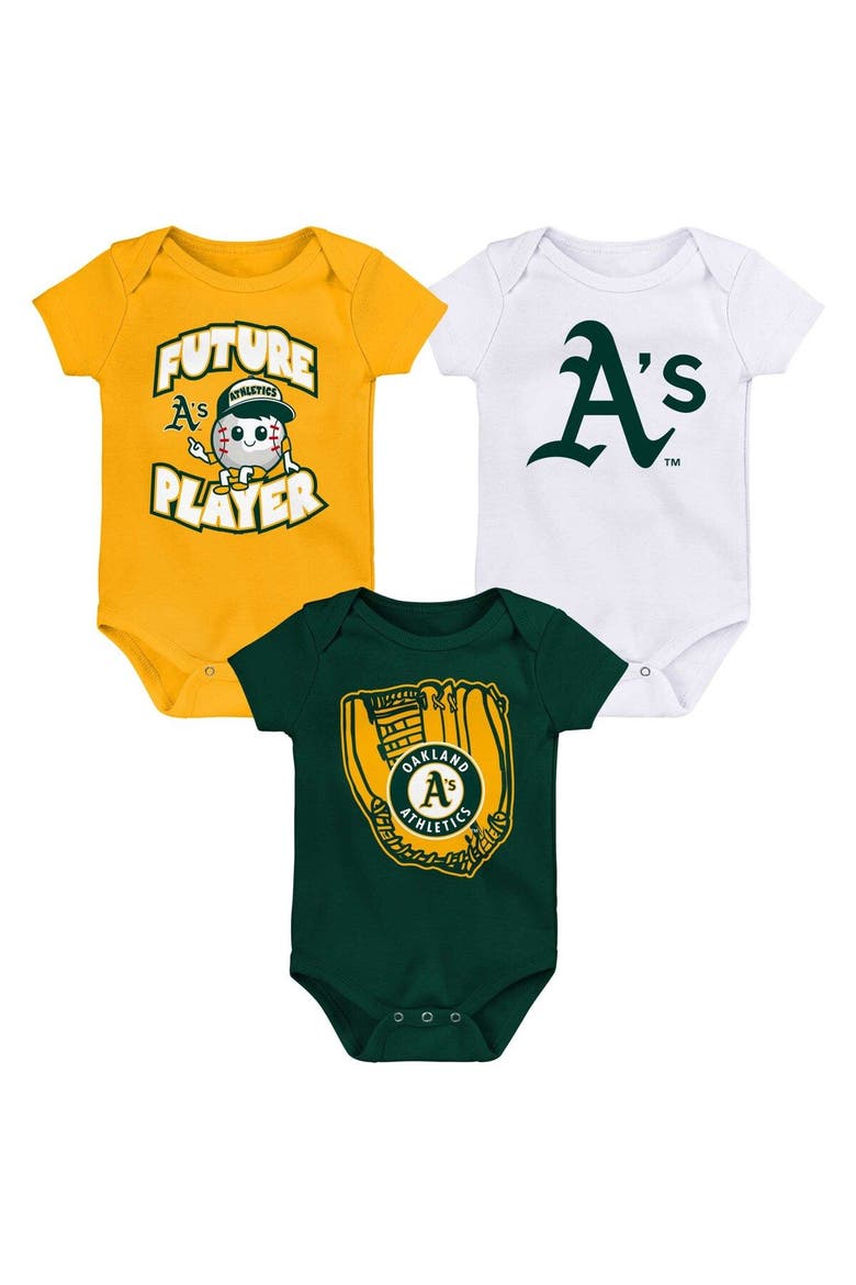Newborn & Infant Gold/Green/White Oakland Athletics Minor League Player Three-Pack Bodysuit Set, Main, color, Gold