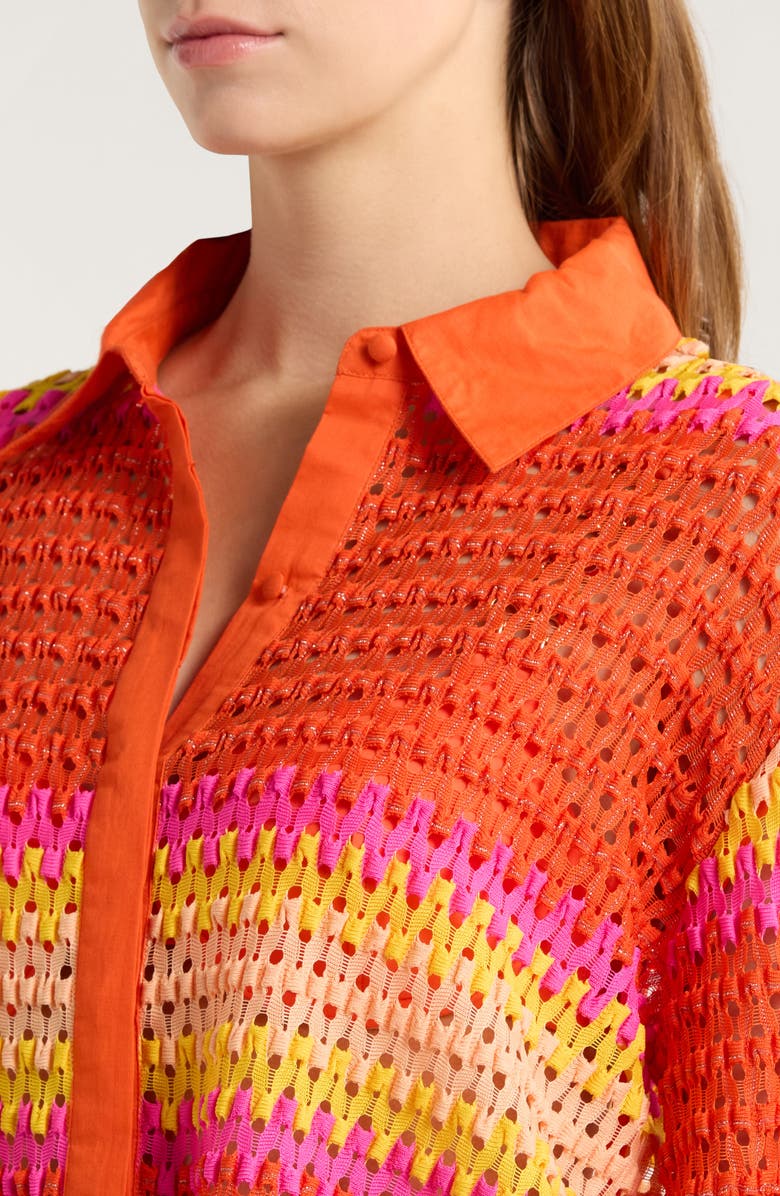 Ramy Brook Naomi Metallic Cover-Up Shirt, Alternate, color, Vivid Orange Crochet