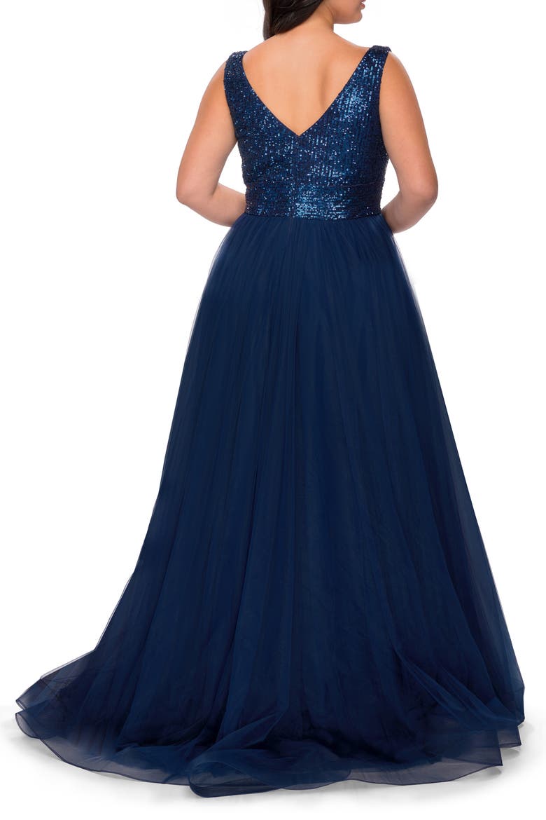 Curvy A-line Gown with Sequin Bodice and Tulle Skirt, Alternate, color, Navy