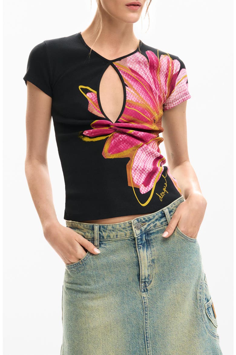 Floral Cutout Cotton Graphic T-Shirt, Main, color, BLACK