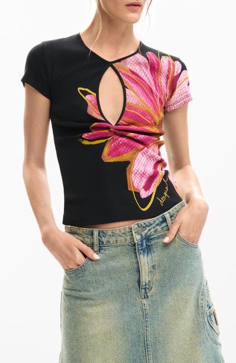 Floral Cutout Cotton Graphic T-Shirt