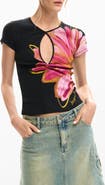 Desigual Floral Cutout Cotton Graphic T-Shirt