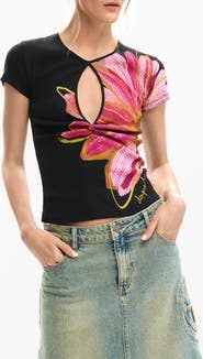 Desigual Floral Cutout Cotton Graphic T-Shirt