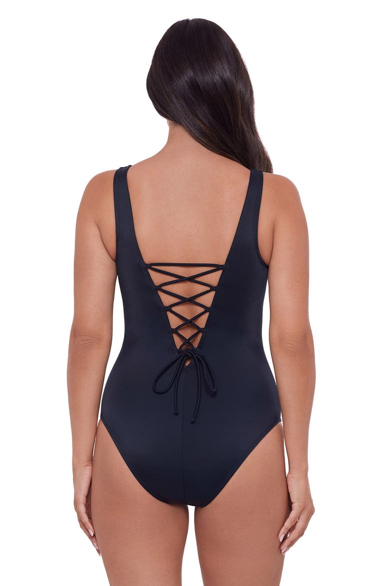 Smoothing and Sculpting Square-Neck Lace-Up Back One-Piece Swimsuit, Alternate, color, Onyx Black