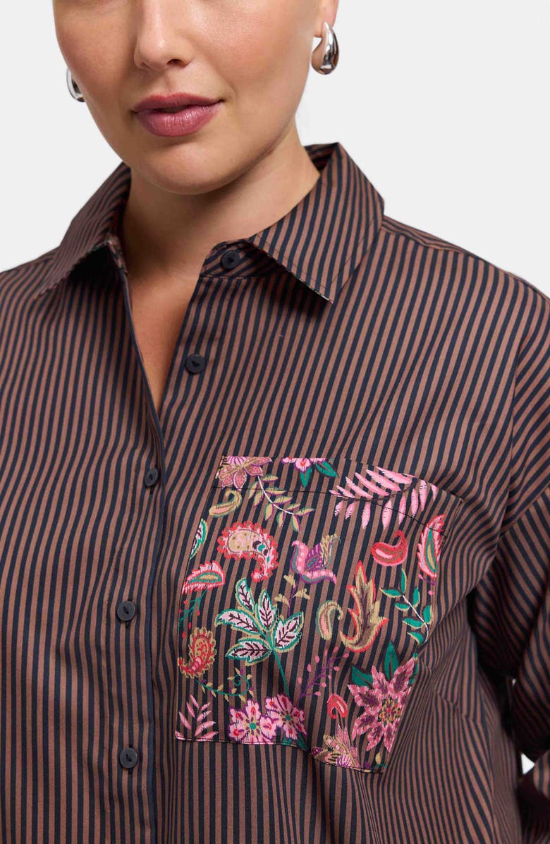 Foxcroft Marina Contrast Pocket Stripe Cotton Poplin Button-Up Shirt, Alternate, color, Brown Multi