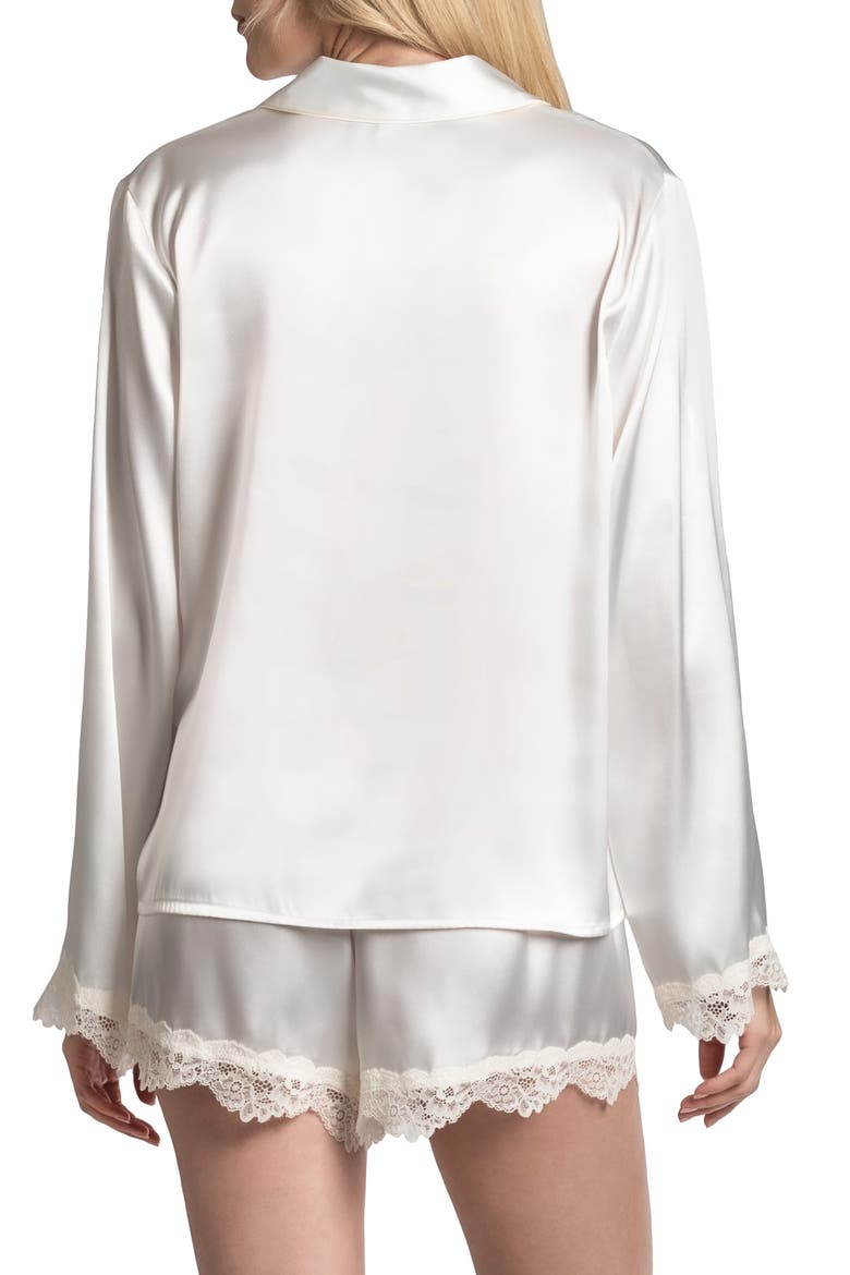 Felicity Lace Trim Long Sleeve Satin Shorts Pajamas, Alternate, color, OFF WHITE