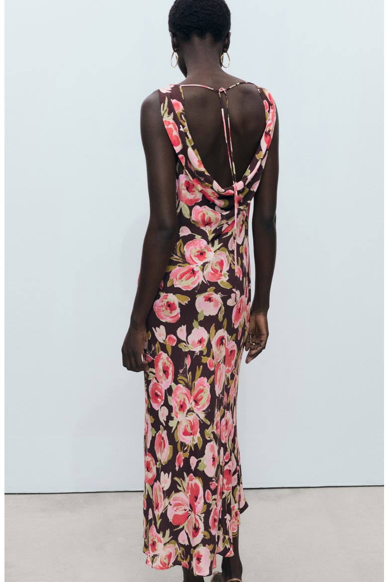 Floral Print Cowl Neck Sleeveless Midi Dress, Alternate, color, BROWN