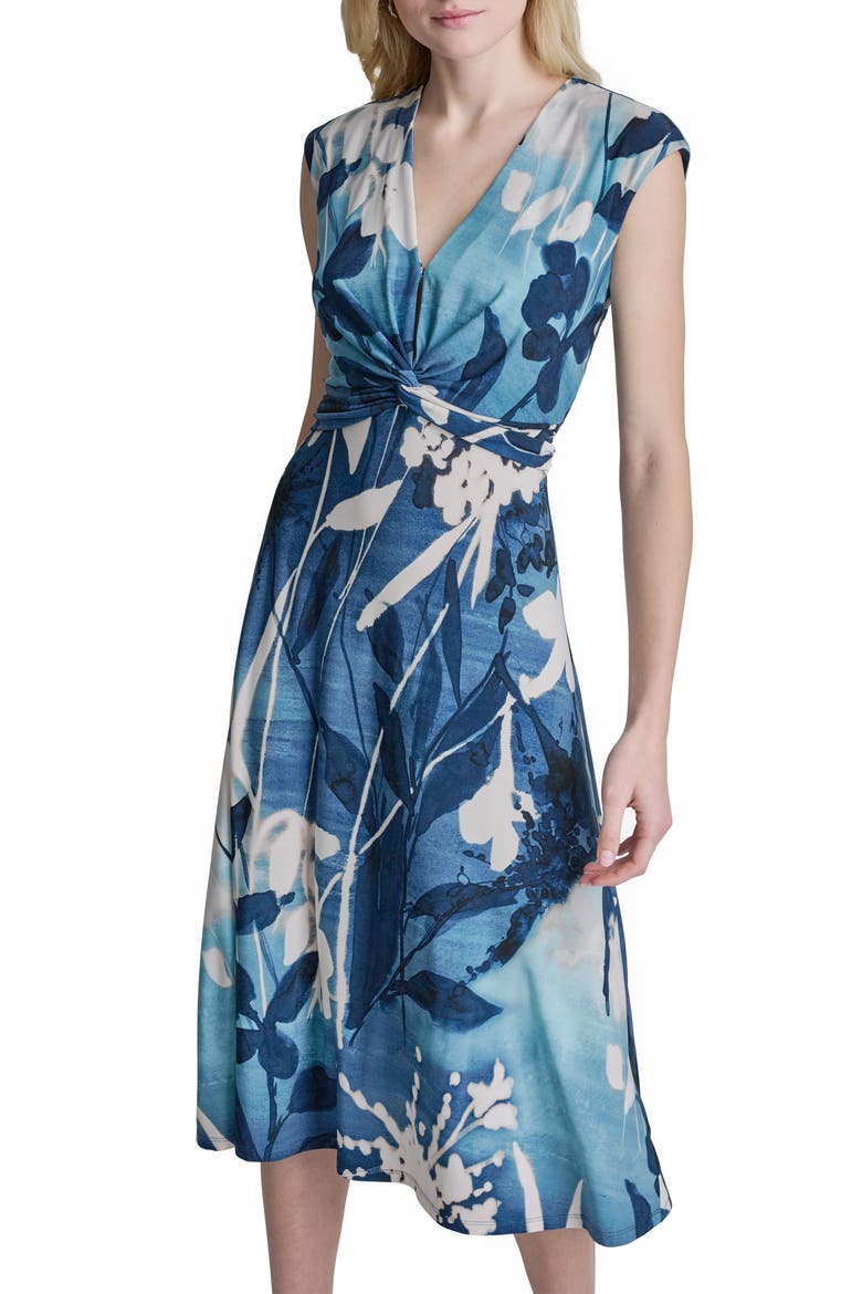 Floral Cap Sleeve Matte Jersey Midi Dress, Alternate, color, INDIGO MULTI