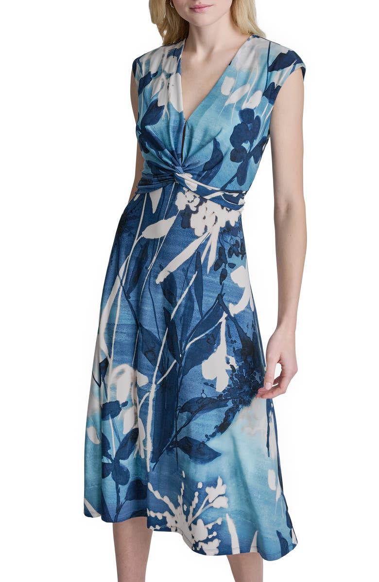 DKNY Floral Cap Sleeve Matte Jersey Midi Dress, Alternate, color, Indigo Multi